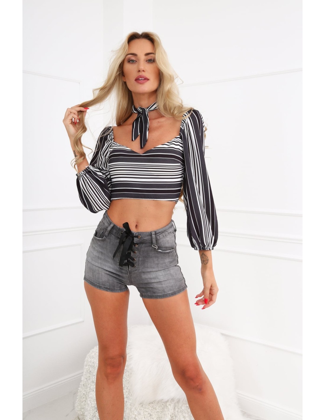 Navy blue short striped blouse 99060 - Online store - Boutique